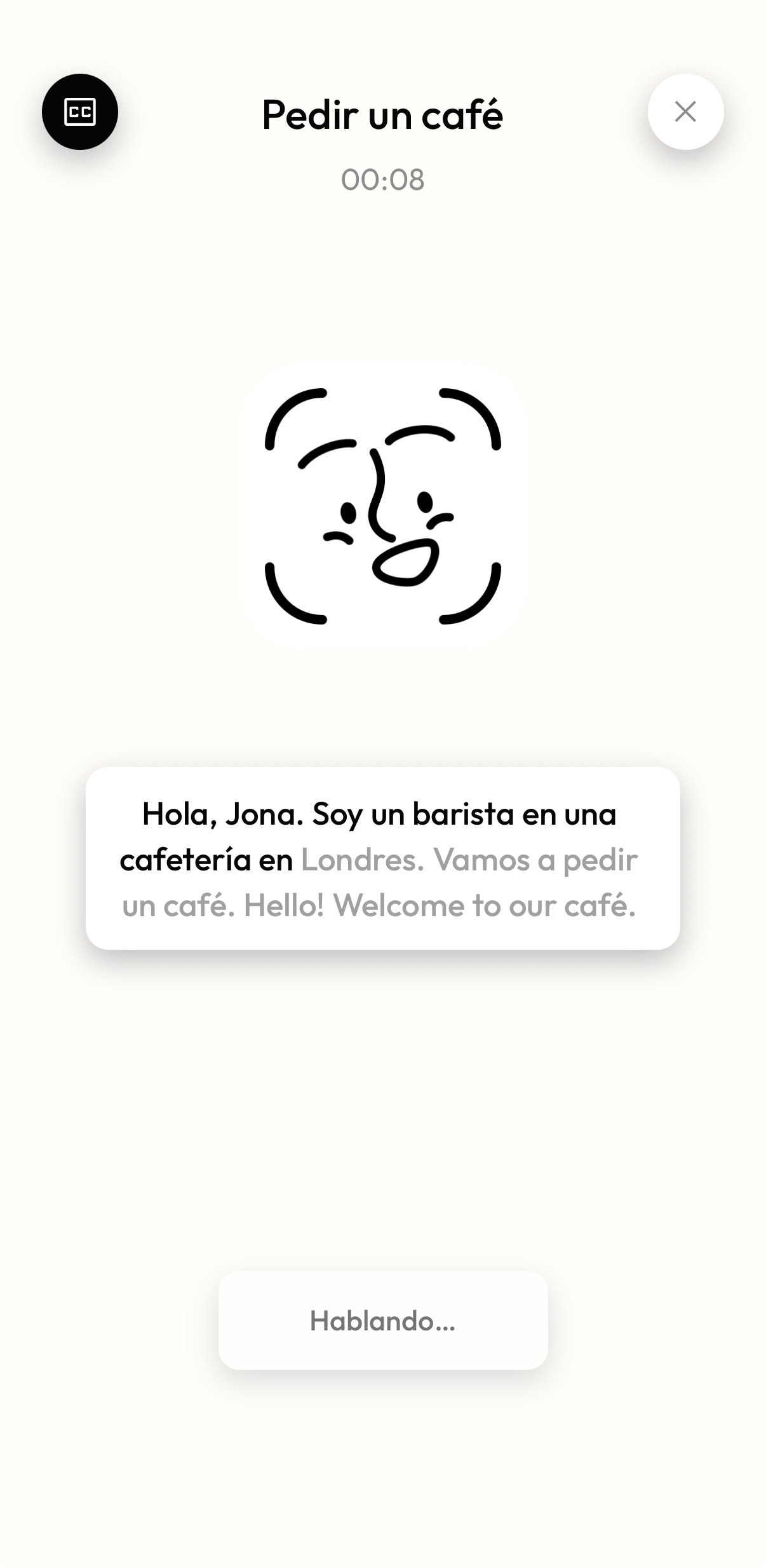 Pantalla de una llamada en curso con Pipo, con subtítulos en vivo